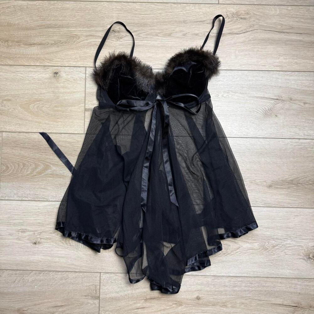 Rare 90s Vintage Victorias Secret 34C Black Feather Babydoll With Matching Thong